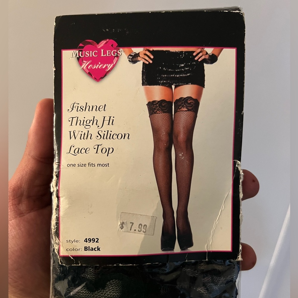 Fishnet thigh hi with silicone lace top ( black )